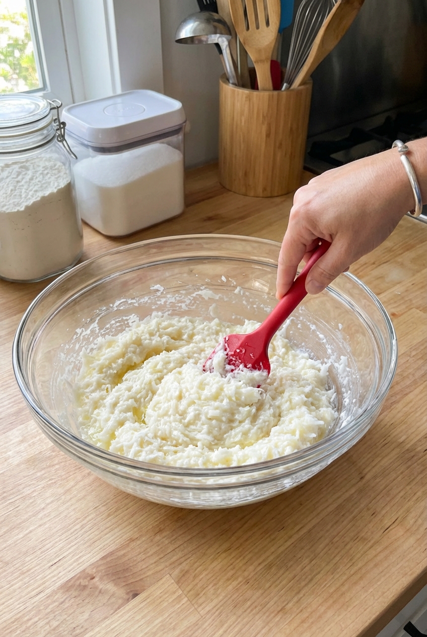 A glass bowl of coconut macaroon mixture with a spatula mid-stir on a wooden countertop