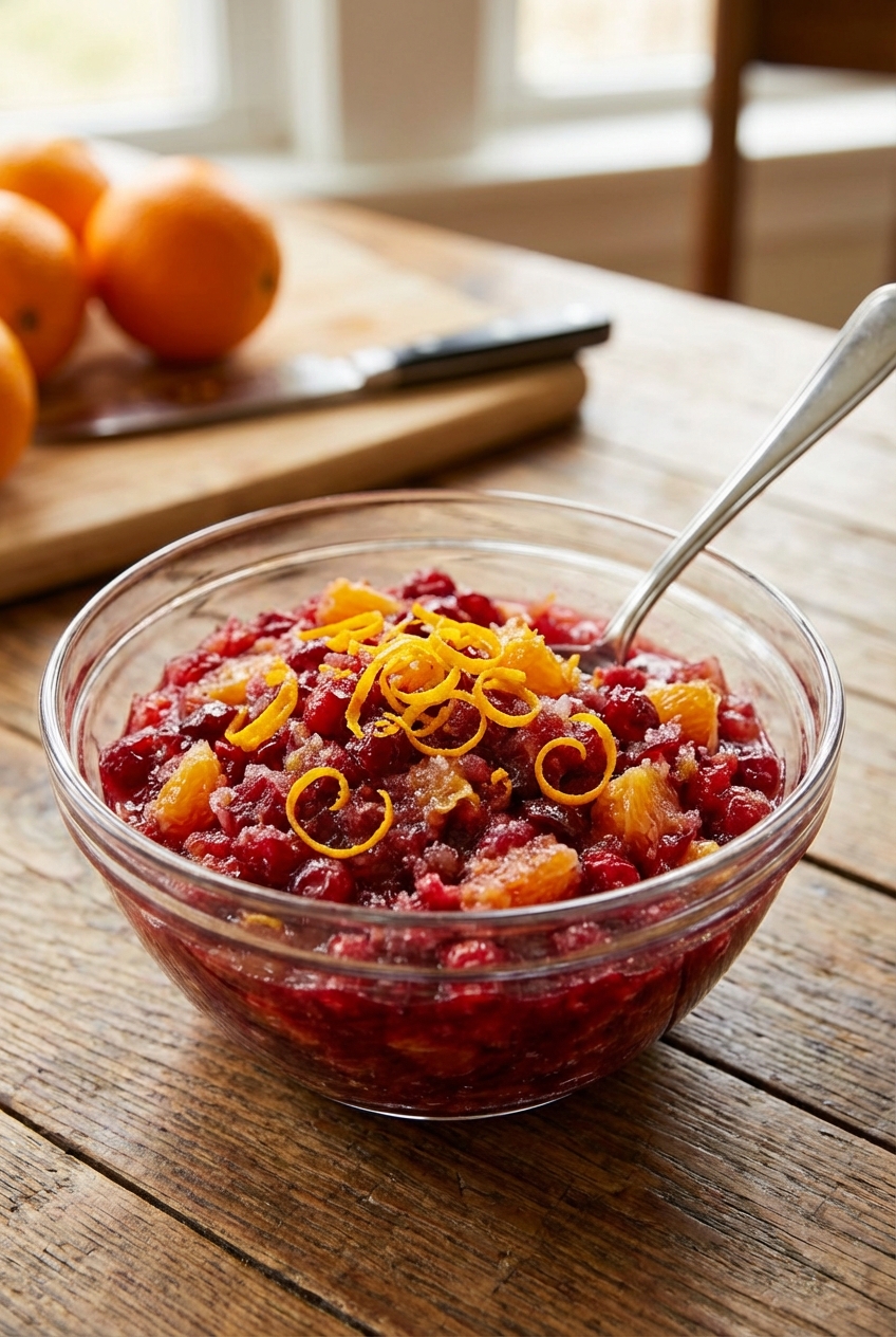 A glass bowl of cranberry orange relish with fresh orange zest