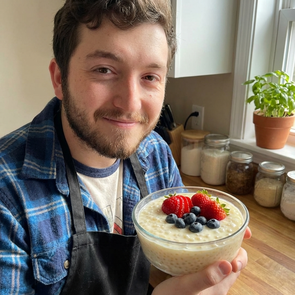 A glass bowl of creamy homemade tapioca pudding with visible small pearls, topped with fresh berries on a kitchen counter in natural window light