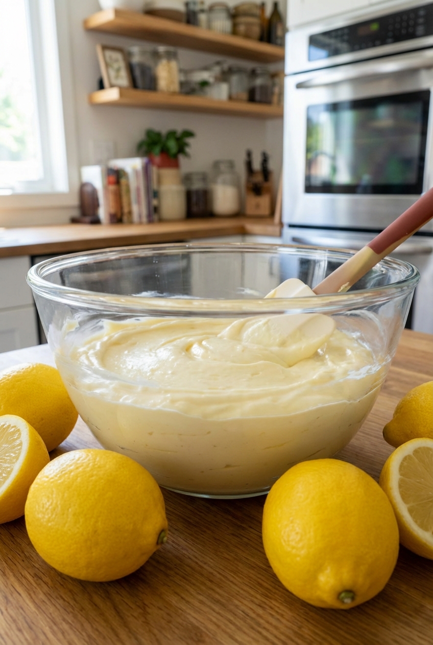 A glass bowl of creamy lemon cheesecake filling with a spatula, sitting on a kitchen counter with lemons nearby