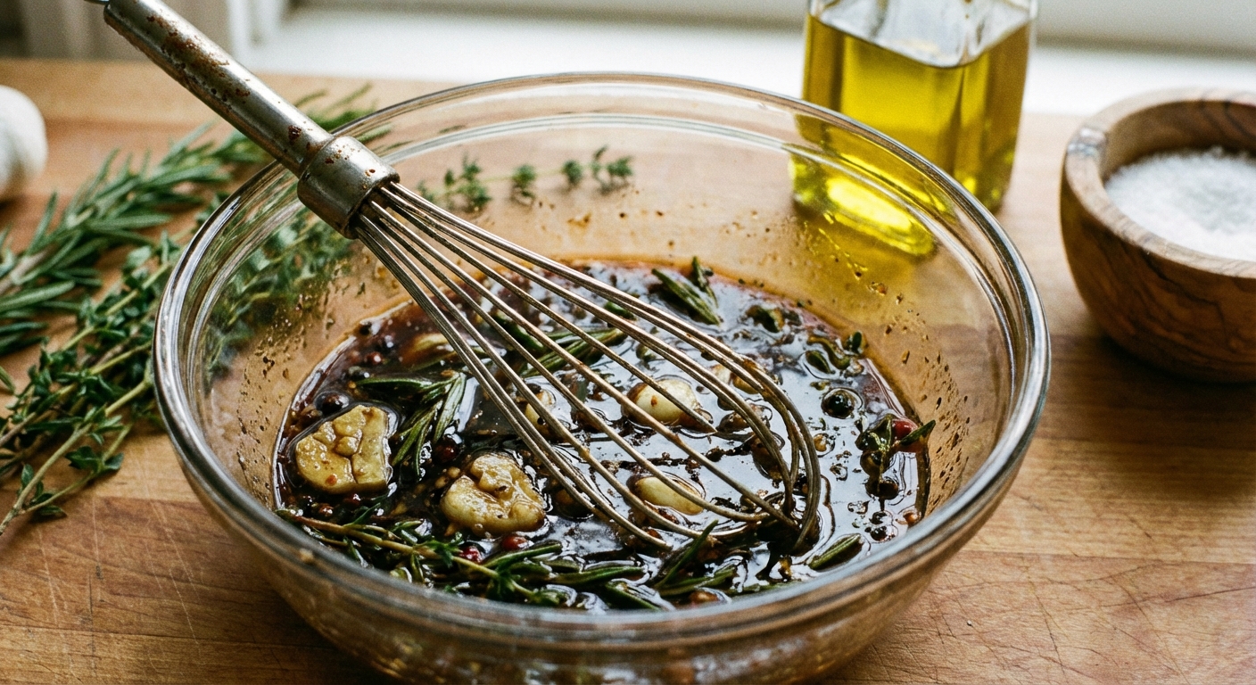 A glass bowl of dark steak marinade with garlic, herbs, and a whisk resting inside