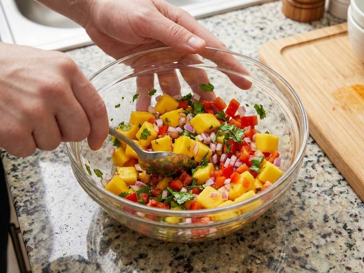 A glass bowl of diced mango, red onion, bell pepper, and cilantro being mixed with a spoon