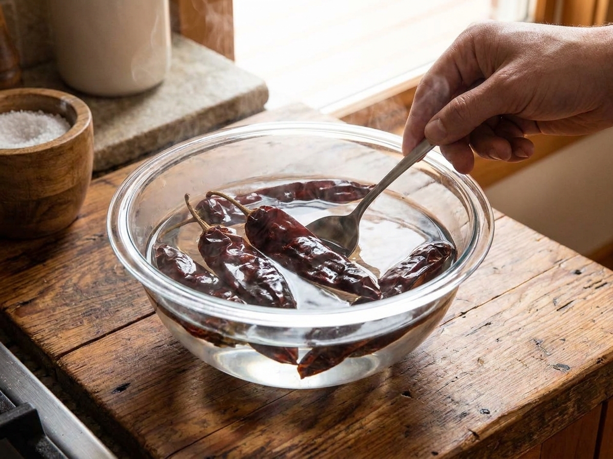 A glass bowl of dried chiles soaking in hot water on a kitchen counter