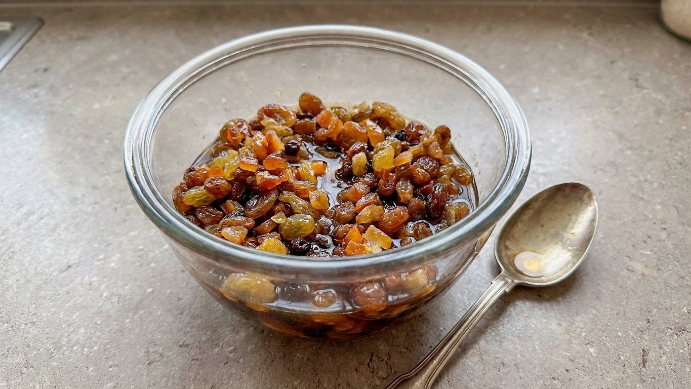 A glass bowl of dried fruit and candied citrus soaking in rum on a kitchen counter with a spoon resting nearby