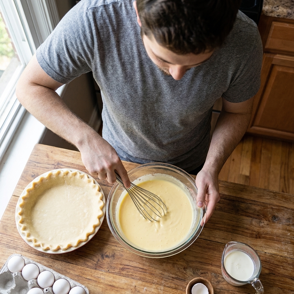 A glass bowl of eggs and cream being whisked into a smooth pale yellow custard on a kitchen counter with a pie crust nearby, overhead photo