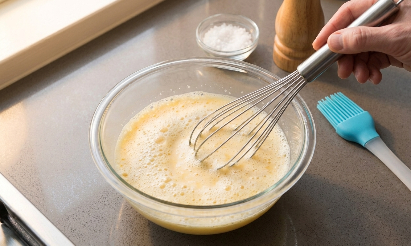 A glass bowl of eggs and milk being whisked until foamy on a kitchen counter, with salt and pepper nearby