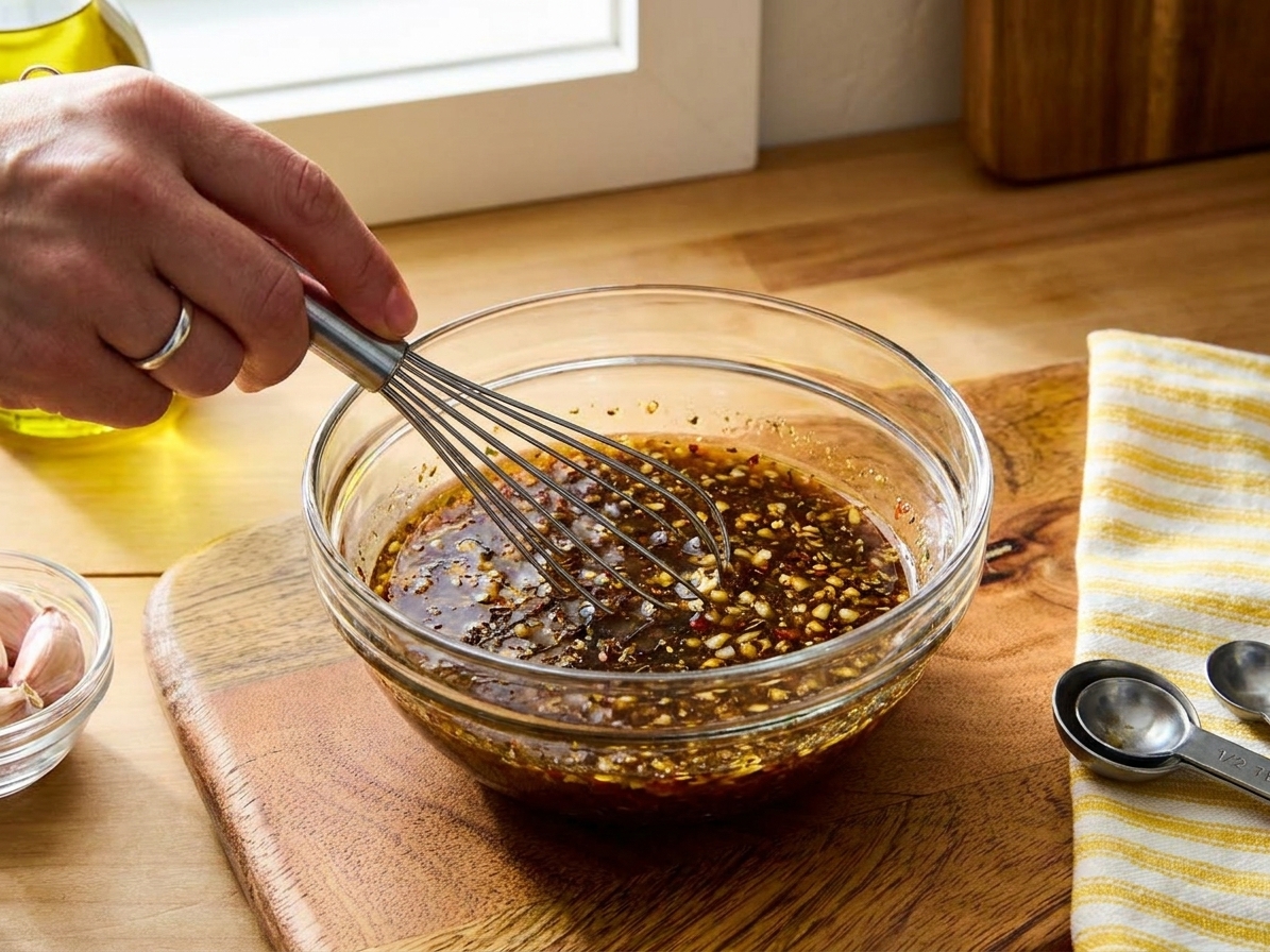 A glass bowl of fajita marinade with visible minced garlic and spices being whisked on a warm-toned kitchen counter