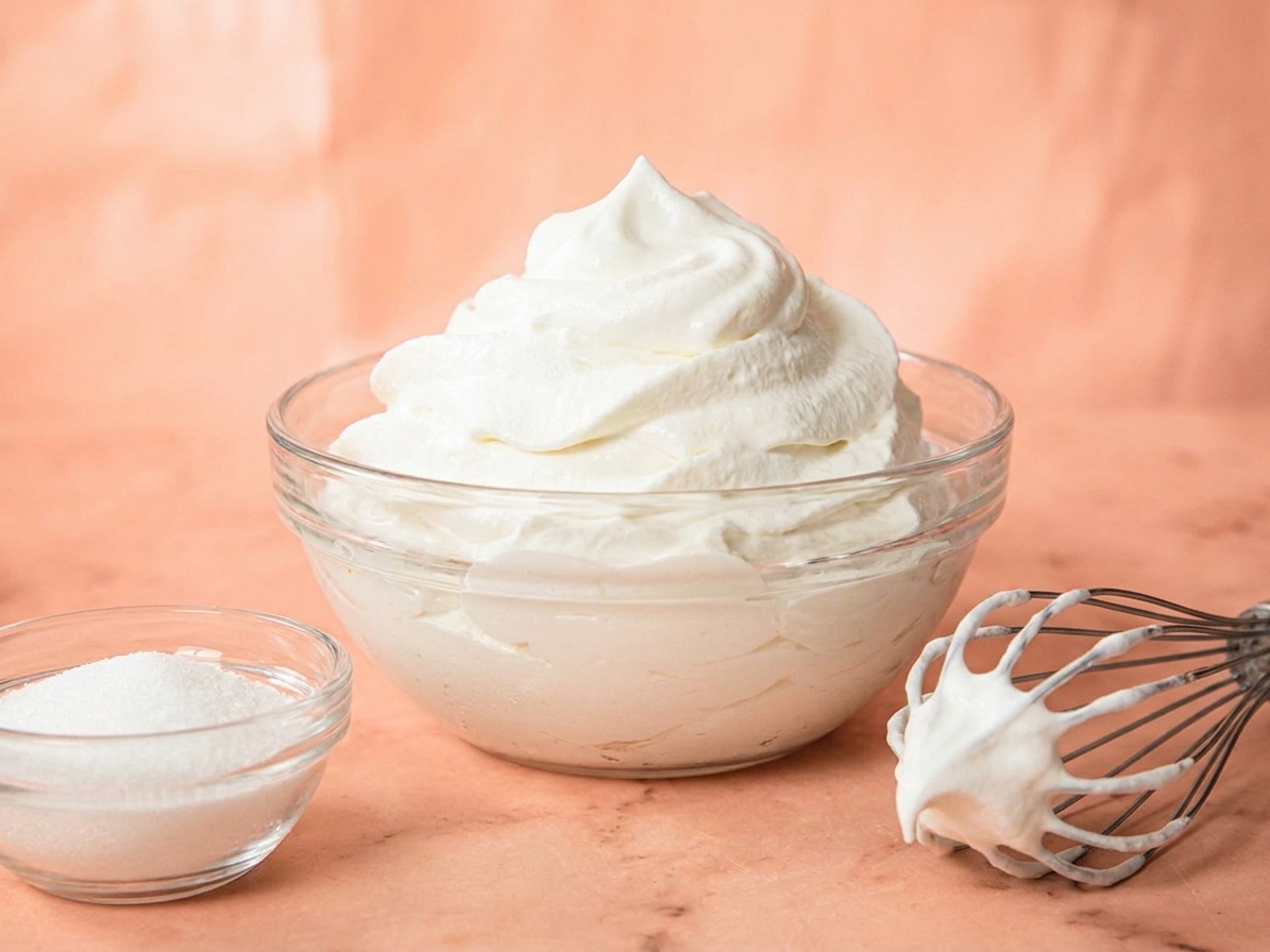 A glass bowl of fluffy homemade whipped topping with soft peaks on a bright kitchen counter, with a whisk and a small bowl of sugar nearby