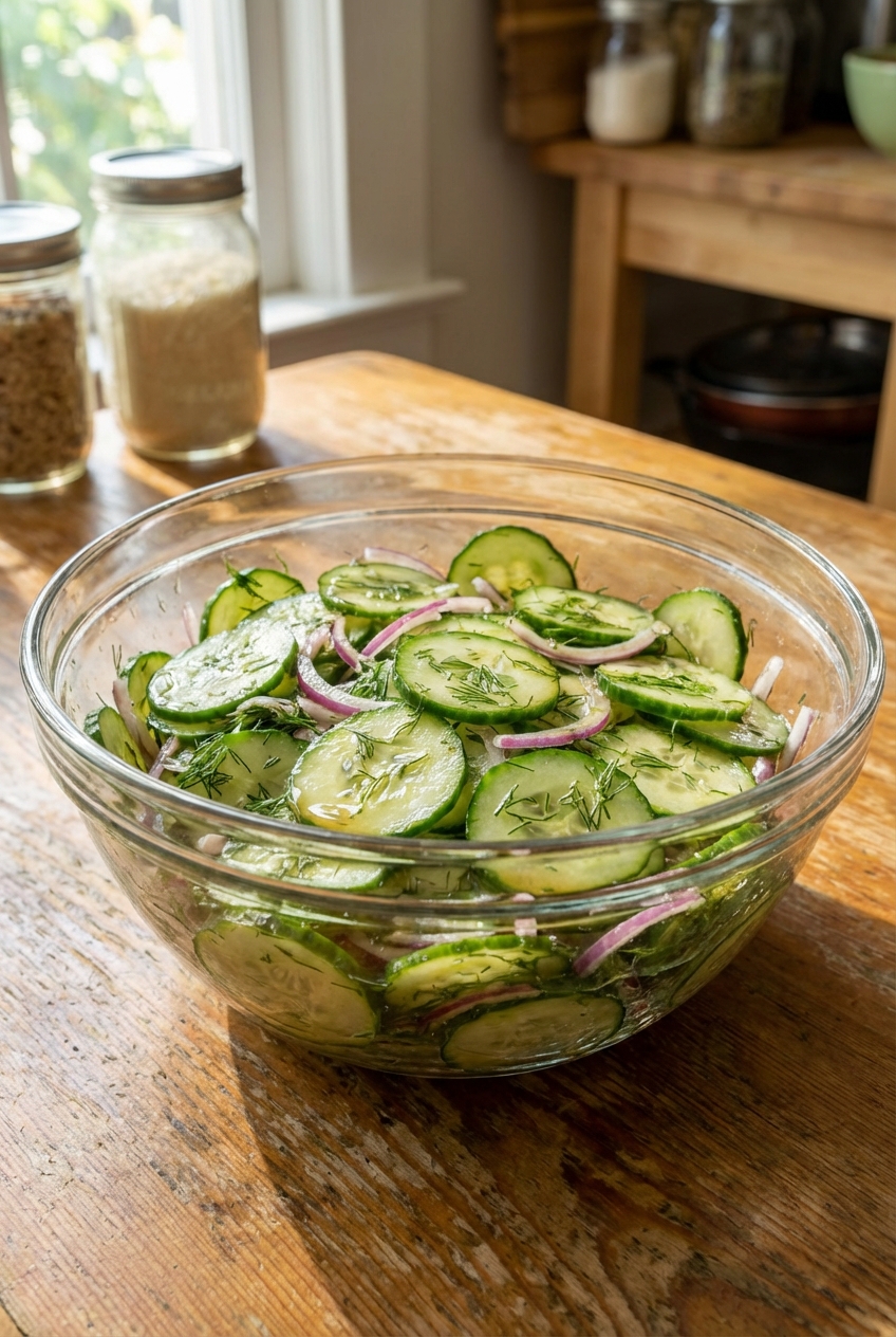 A glass bowl of fresh cucumber salad with thinly sliced cucumbers, red onion, dill, and a glossy vinegar dressing on a wooden table in natural light