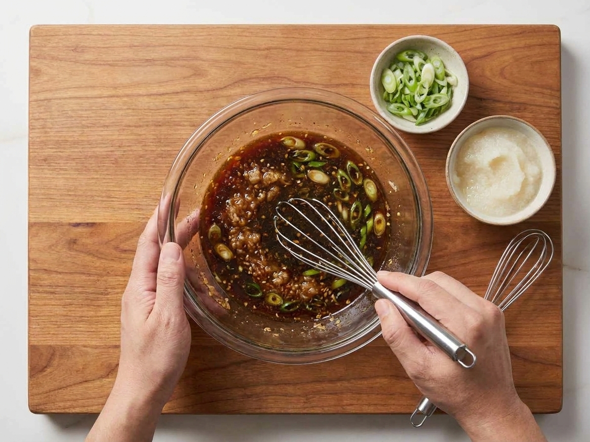 A glass bowl of galbi marinade being whisked on a kitchen counter, with visible grated pear and sliced scallions