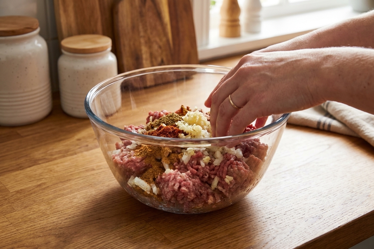 A glass bowl of ground beef and lamb mixed with grated onion, garlic, and warm spices, ready to be kneaded on a kitchen counter