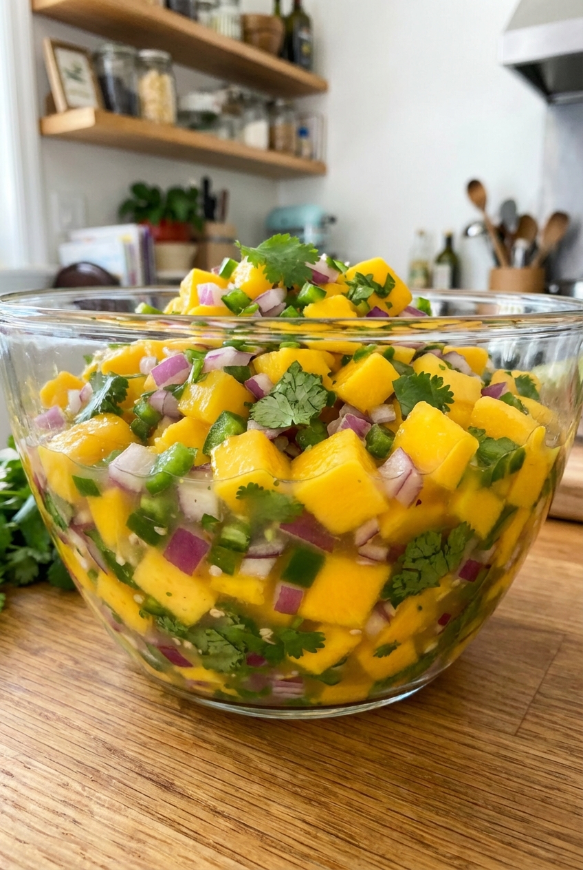 A glass bowl of mango salsa with diced mango, jalapeno, and cilantro