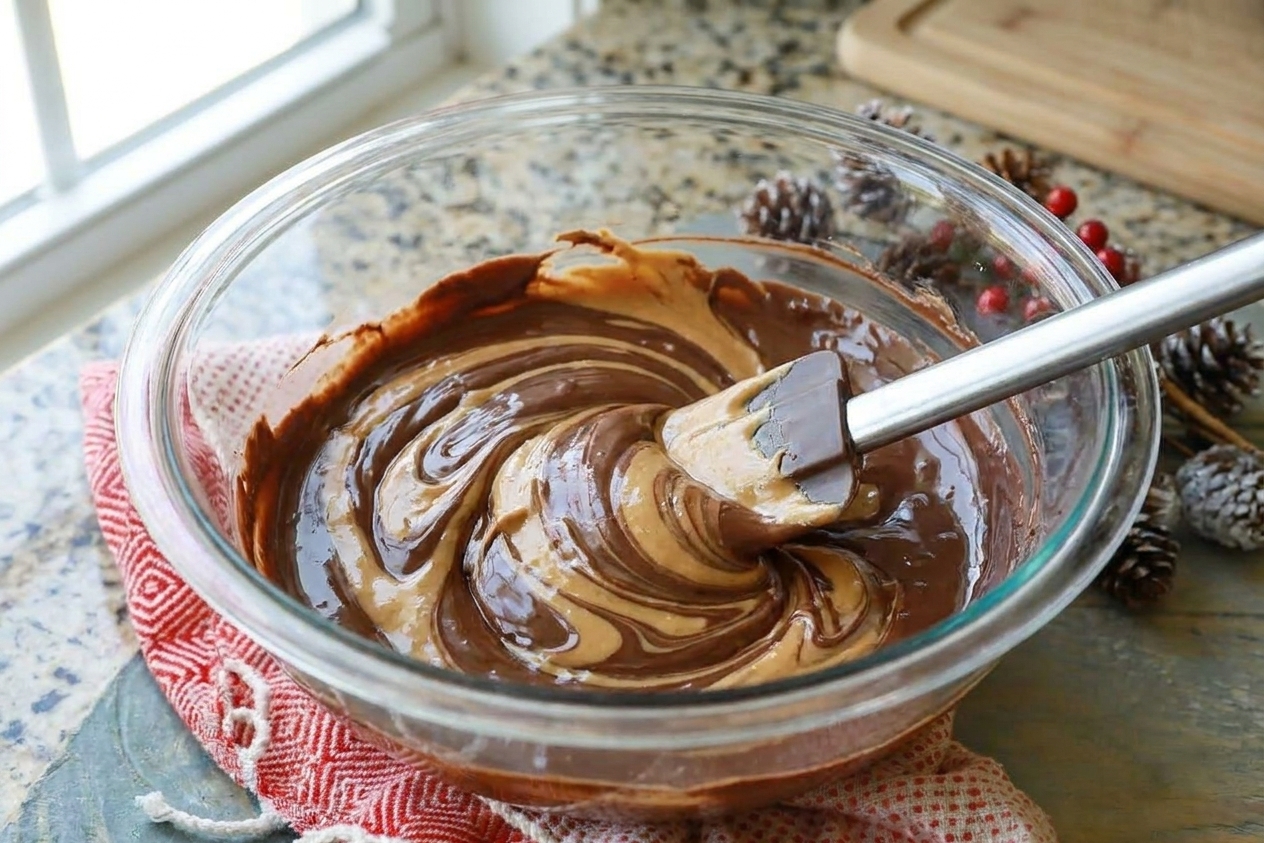 A glass bowl of melted chocolate and peanut butter mixture being stirred with a spatula on a kitchen counter