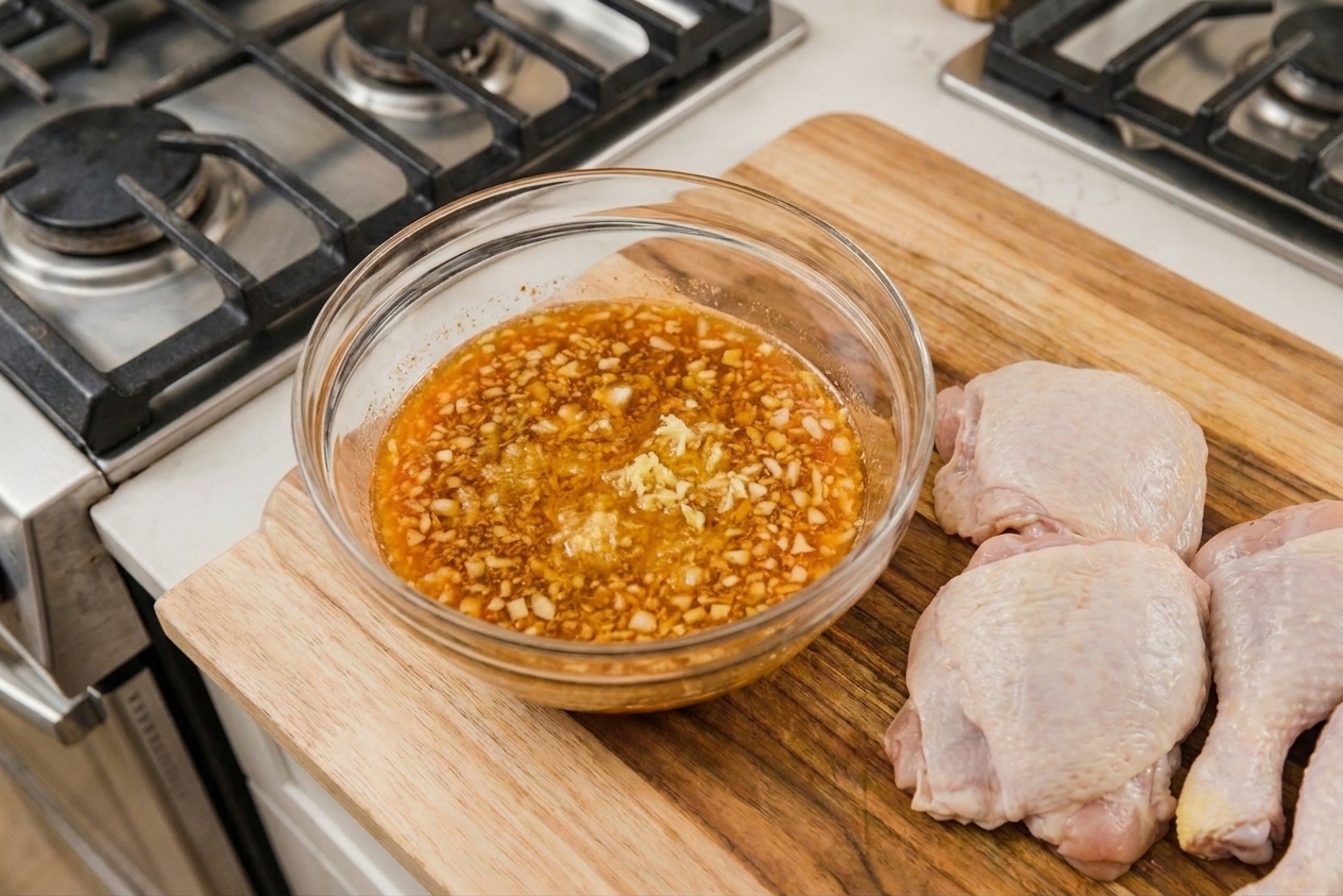 A glass bowl of orange-tinted chicken marinade with visible minced garlic and ginger on a kitchen counter next to raw chicken pieces
