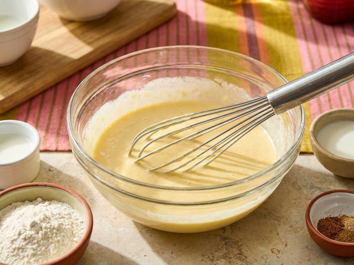 A glass bowl of pale yellow egg batter with a whisk resting inside on a kitchen counter, with measured ingredients nearby