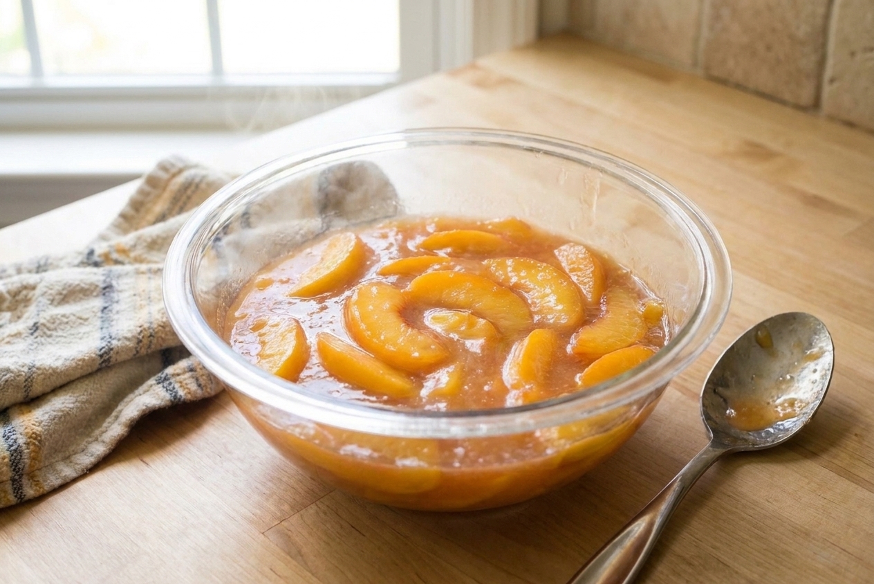 A glass bowl of peach pie filling cooling on a kitchen counter with a spoon nearby