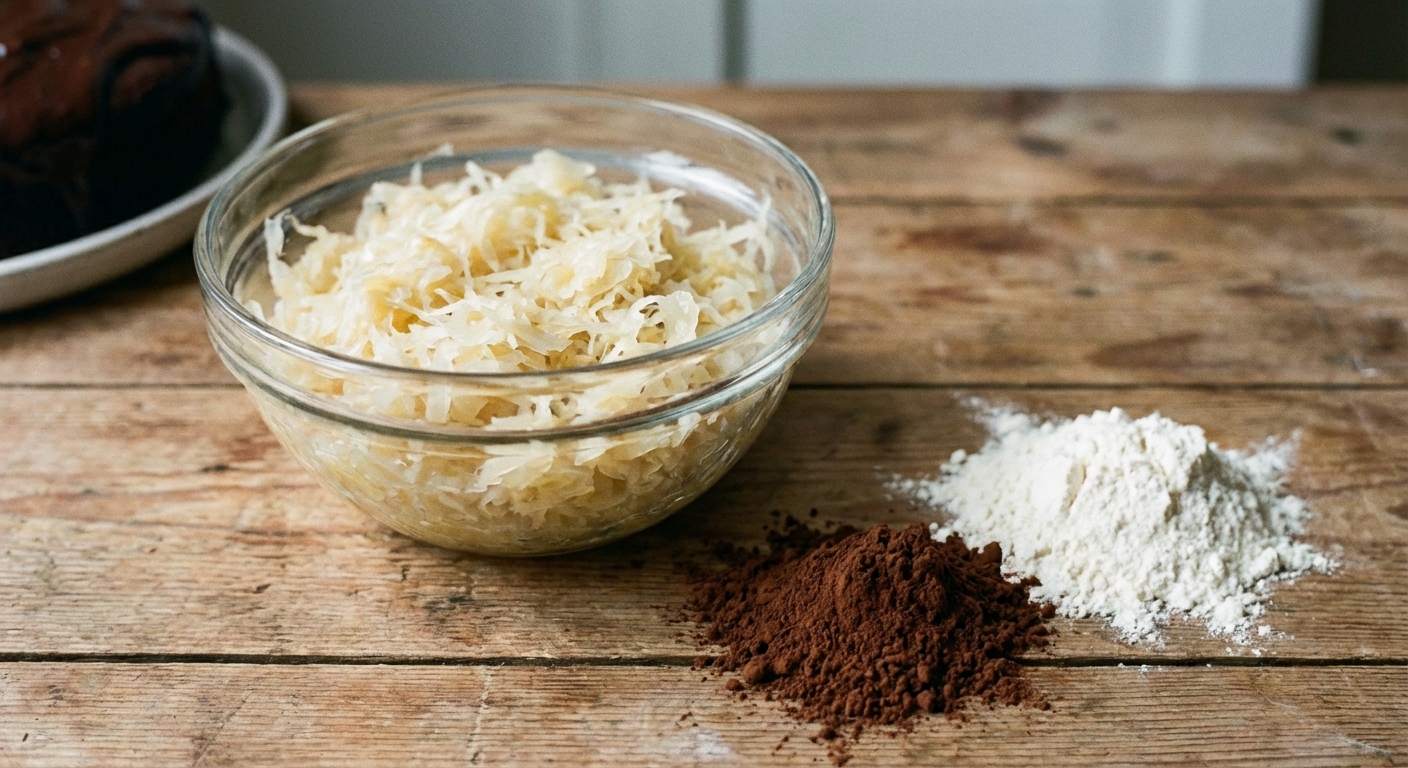 A glass bowl of rinsed and well-drained sauerkraut on a kitchen counter next to cocoa powder and flour