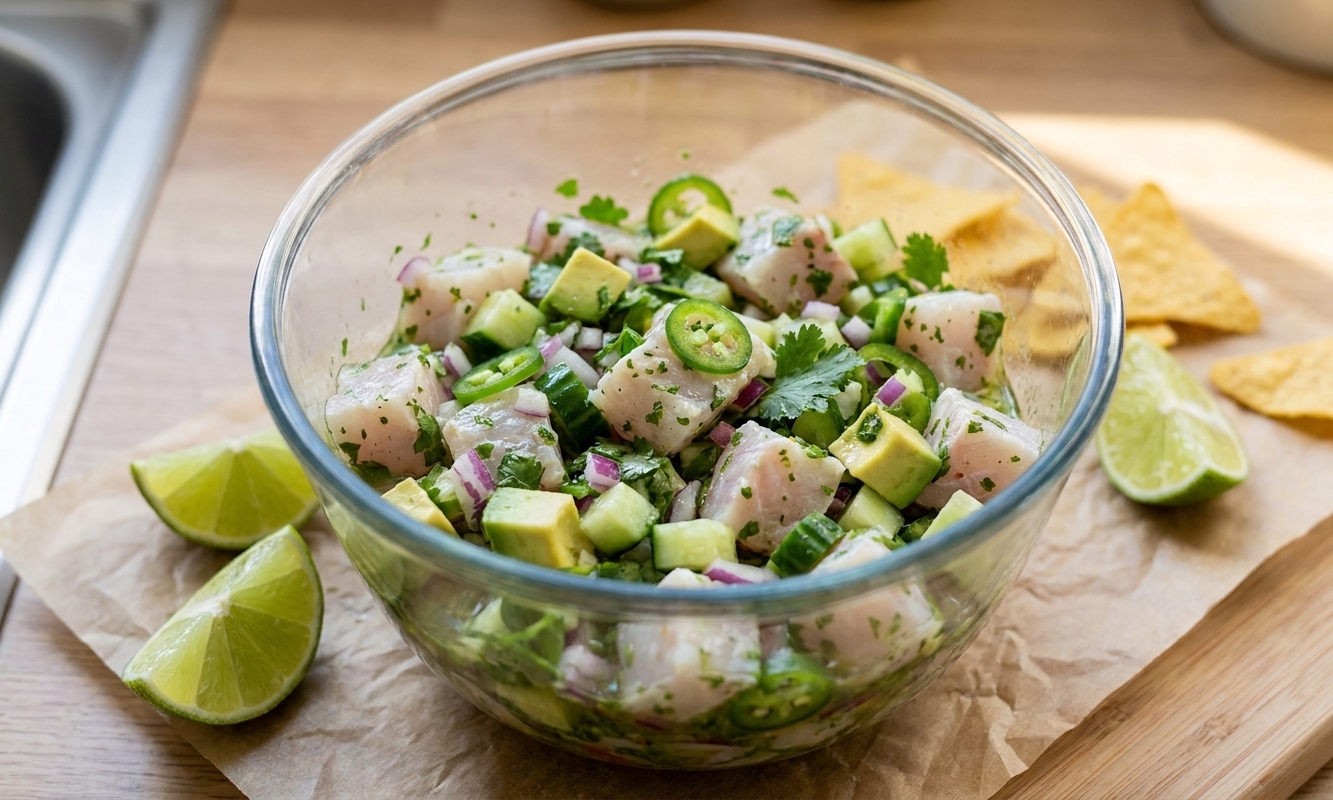 A glass bowl of sea bass ceviche with lime wedges, diced avocado, cucumber, red onion, cilantro, and thin jalapeño slices on a light kitchen counter