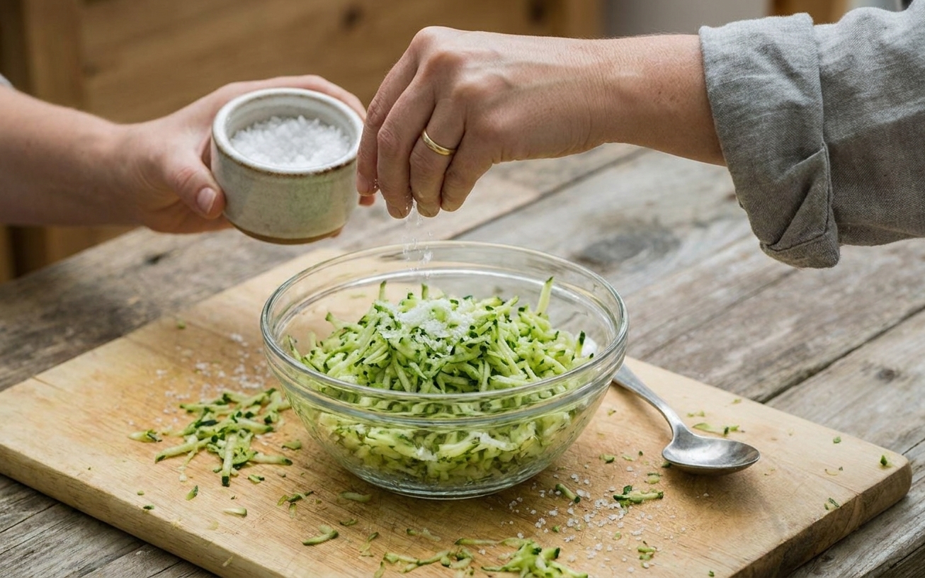 A glass bowl of shredded zucchini being sprinkled with salt on a kitchen counter, with a spoon resting nearby