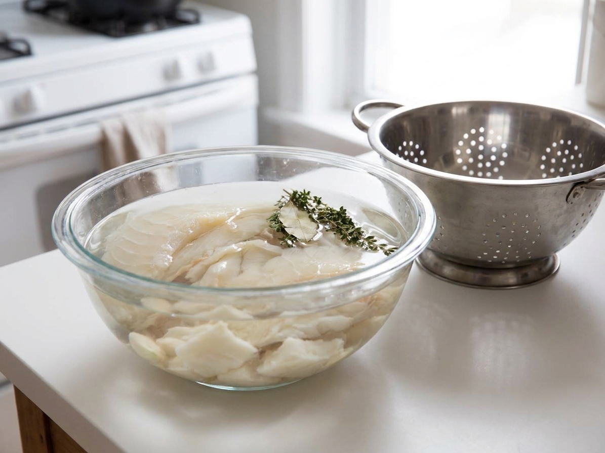 A glass bowl of soaked salt cod sitting in clear water on a kitchen counter next to a colander, ready to be drained