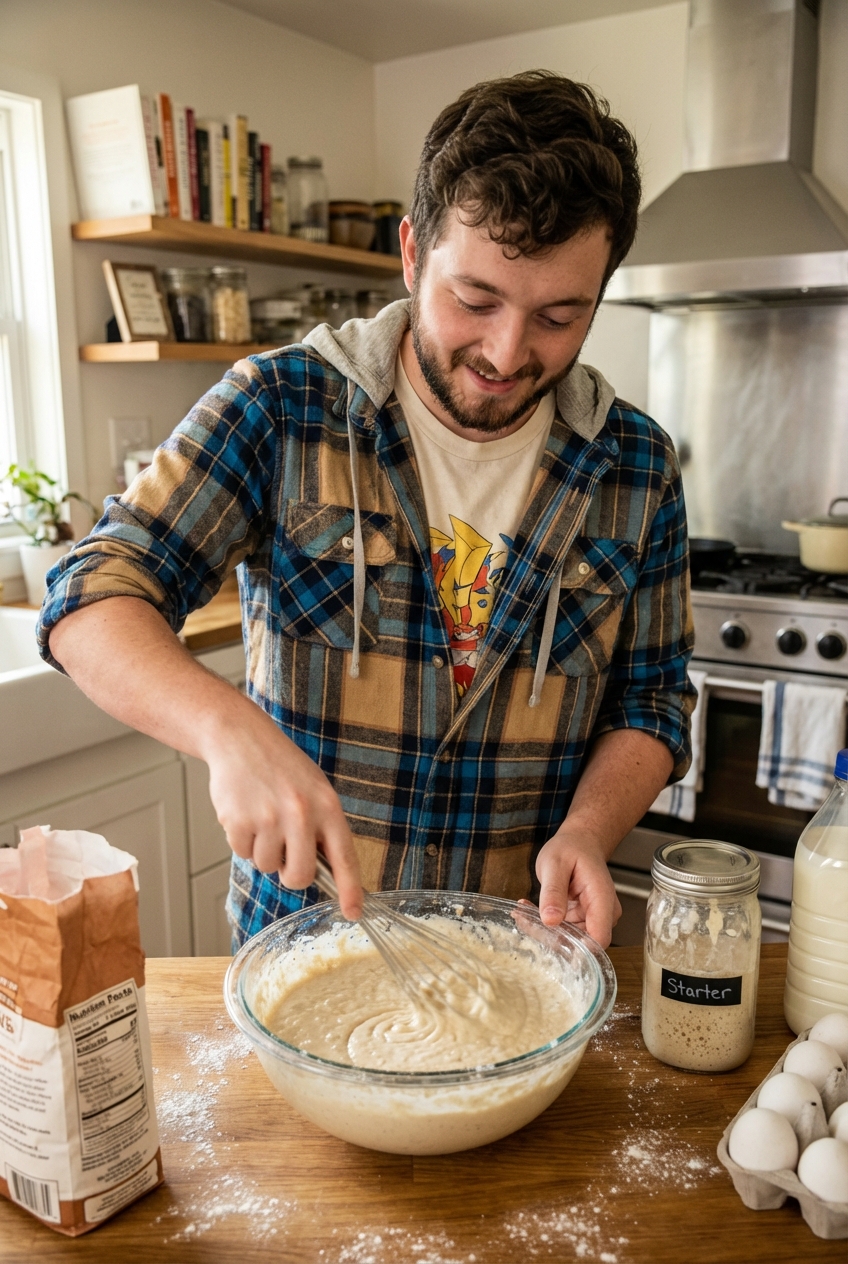 A glass bowl of sourdough pancake batter being whisked on a kitchen counter with flour and a jar of sourdough starter nearby