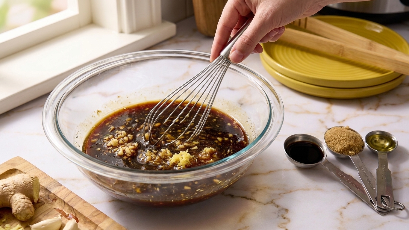 A glass bowl of soy-ginger garlic sauce being whisked on a kitchen counter next to measuring spoons