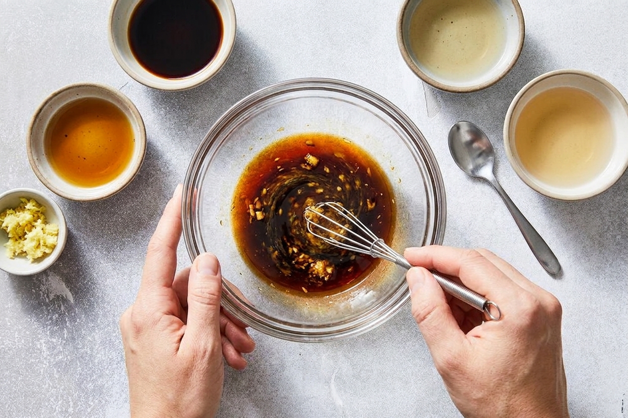 A glass bowl of soy sauce, sesame oil, vinegar, and ginger being whisked together on a kitchen counter with measured ingredients nearby