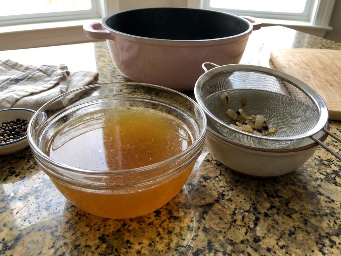 A glass bowl of strained golden beef broth on a kitchen counter with a fine-mesh strainer and pot nearby