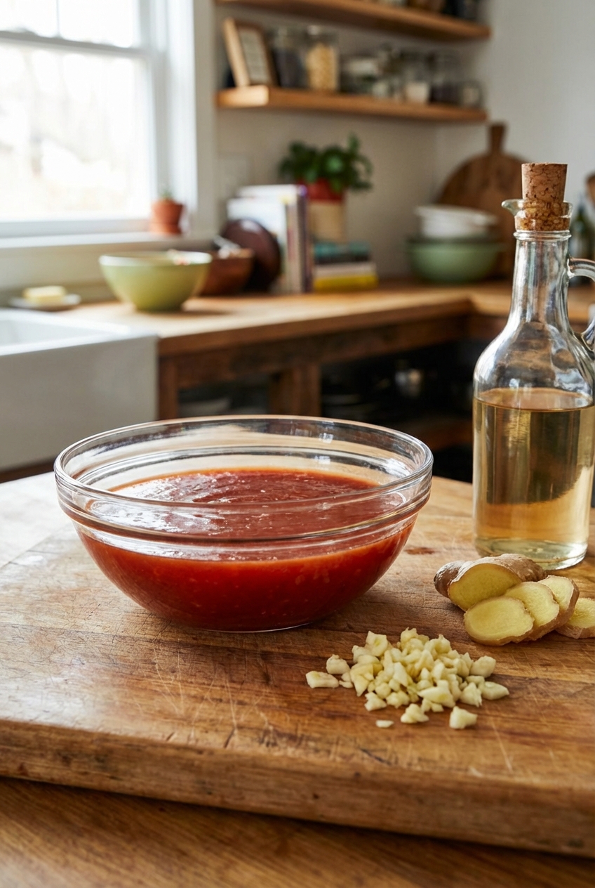 A glass bowl of sweet and sour sauce on a wooden cutting board with chopped garlic, ginger, and vinegar nearby