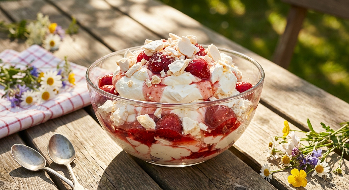 A glass bowl of traditional Eton mess with whipped cream, crushed meringue shards, and glossy macerated strawberries on a sunlit picnic table