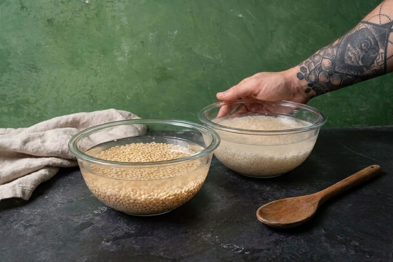 A glass bowl of urad dal soaking in water on a kitchen counter with another bowl of soaking rice nearby