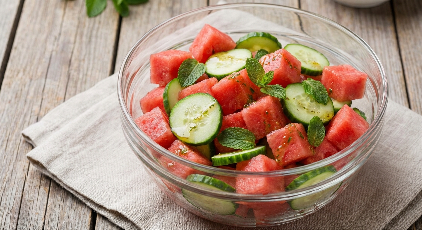 A glass bowl of watermelon cucumber salad with mint