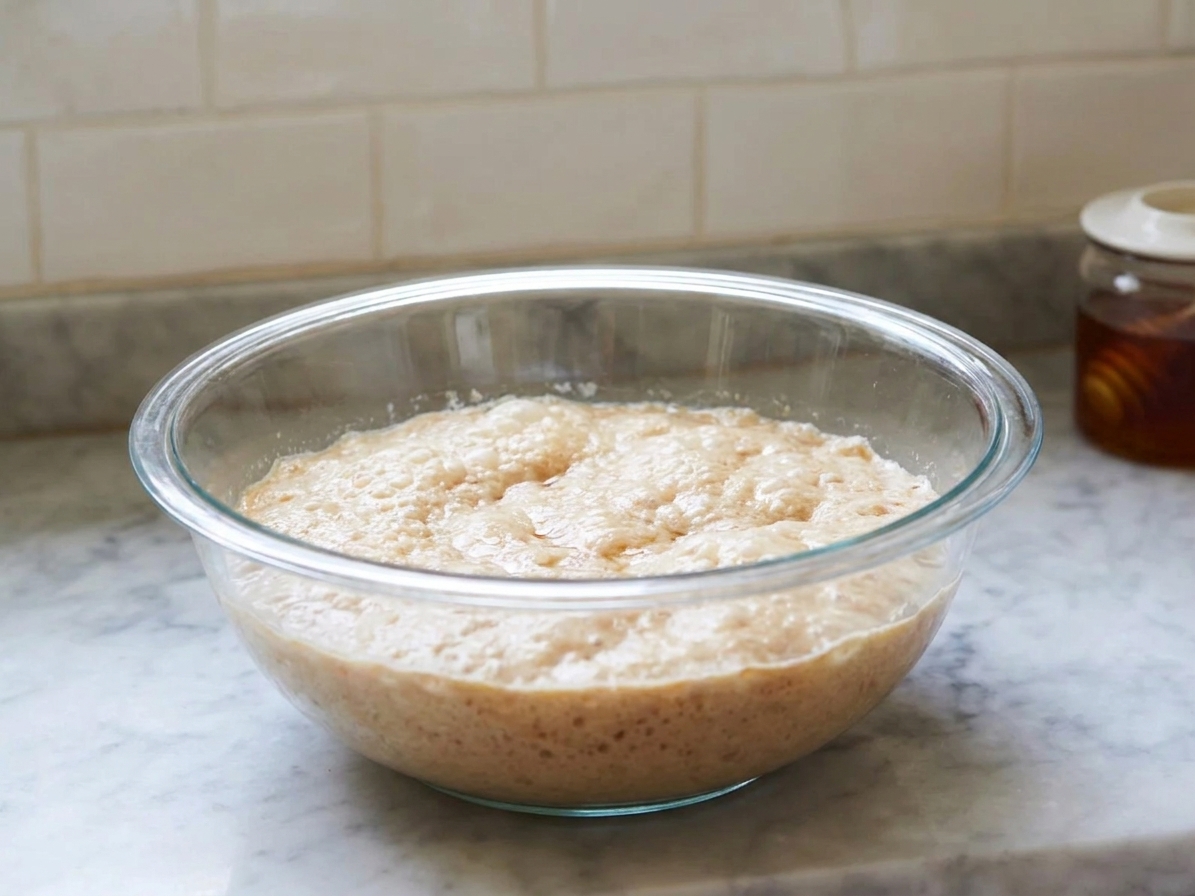 A glass bowl on a kitchen counter with active dry yeast blooming in warm water and honey, showing a foamy surface