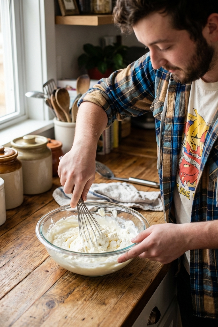 A glass bowl with cream cheese, sour cream, and ricotta being stirred into a smooth creamy mixture on a kitchen counter, real food photography