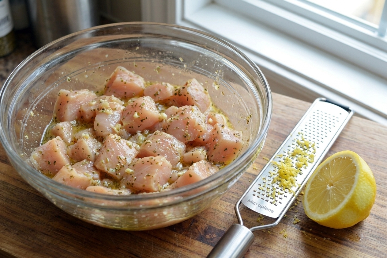 A glass bowl with cubed chicken coated in a lemon garlic oregano marinade, with a microplane and halved lemon on the counter beside it
