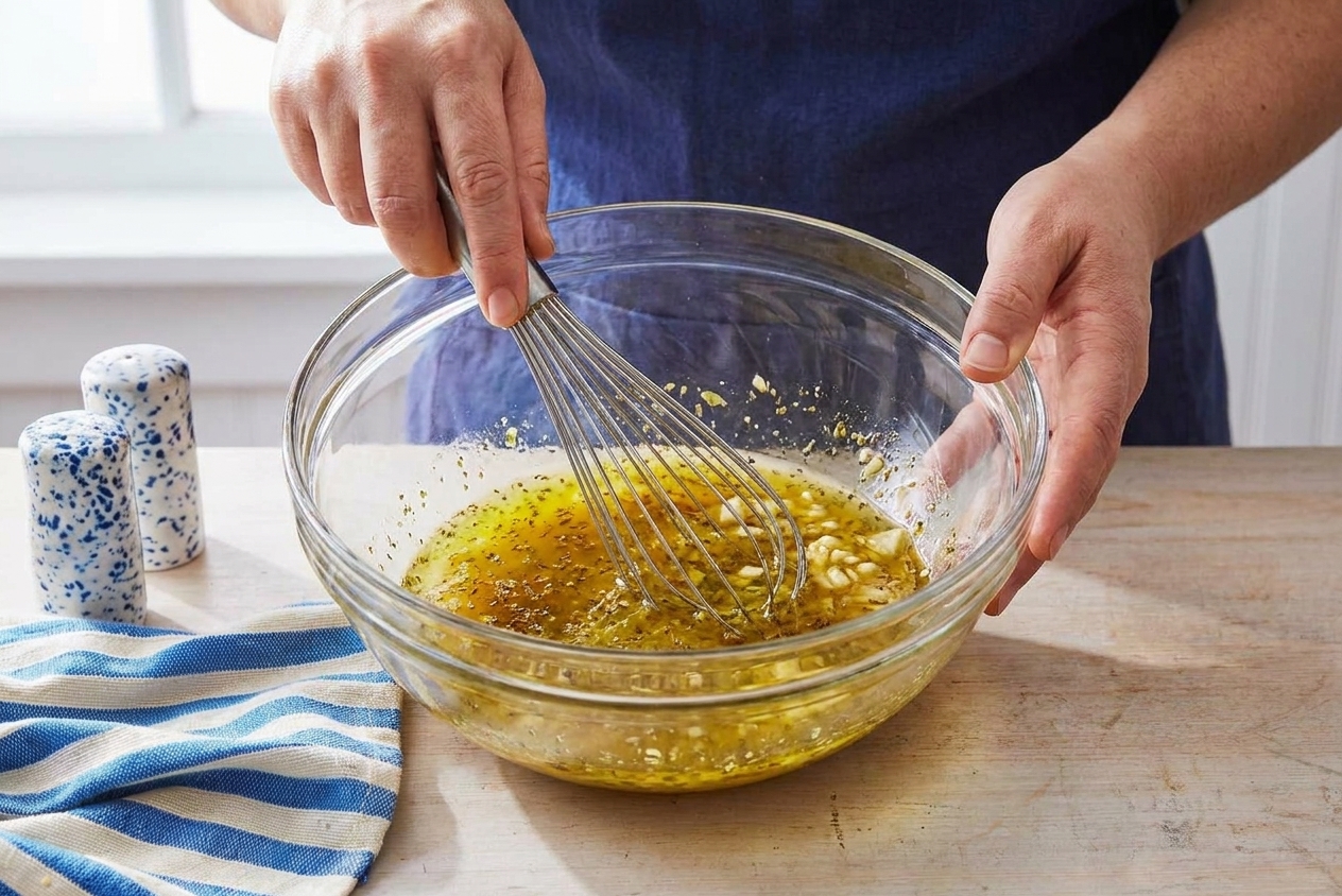 A glass bowl with lemon juice, olive oil, minced garlic, Dijon, and oregano being whisked together on a kitchen counter