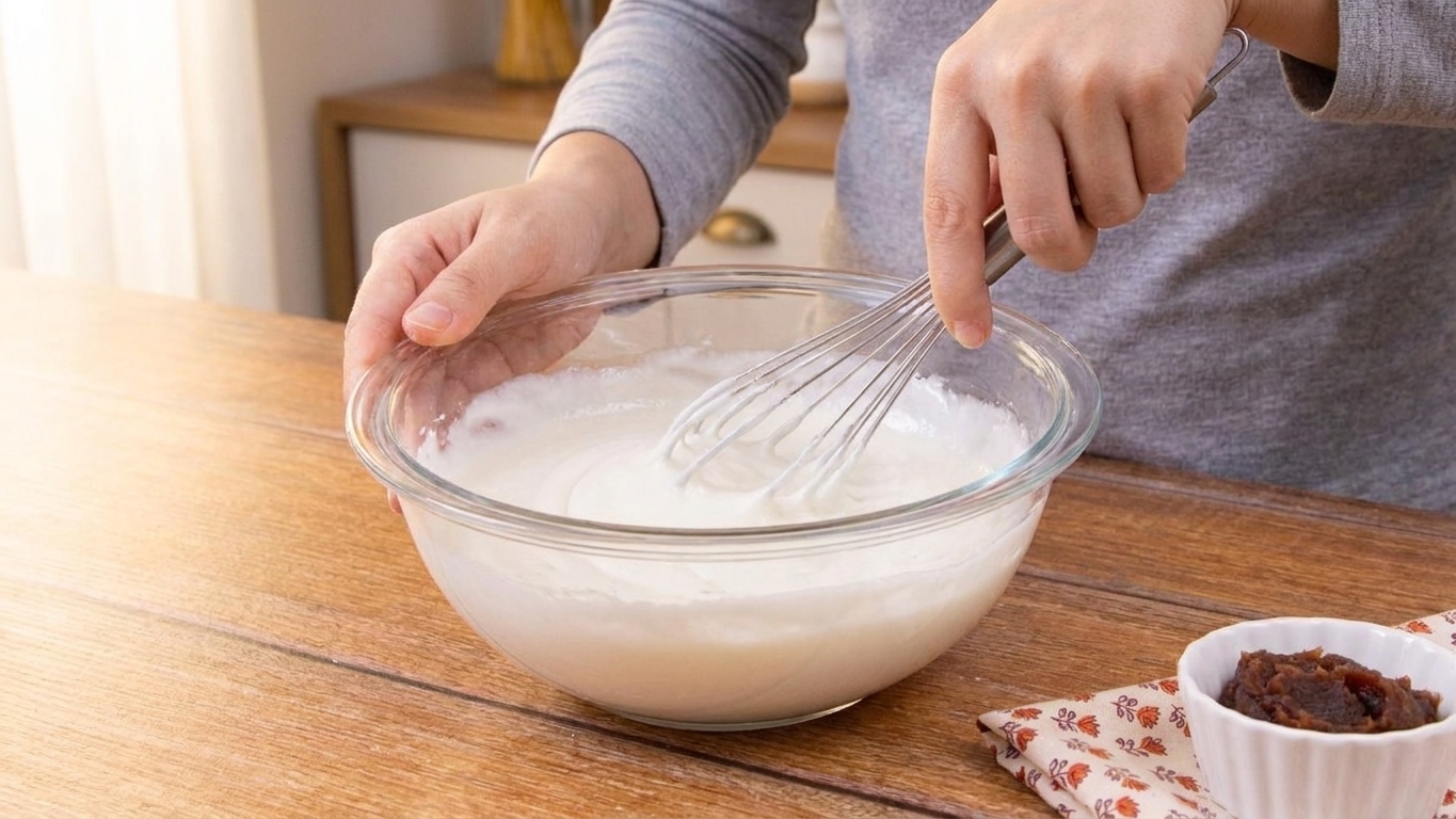 A glass bowl with smooth mochi batter being whisked on a kitchen counter