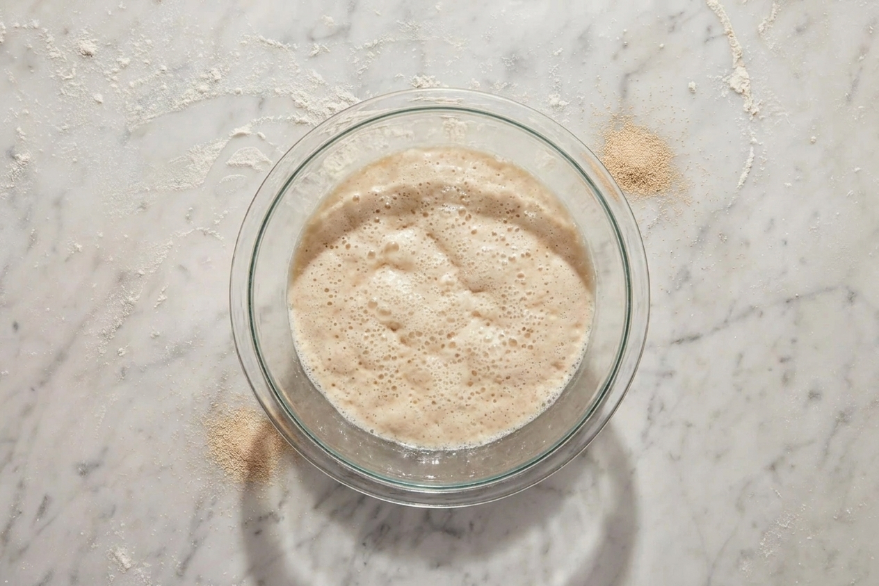 A glass bowl with warm water, sugar, and yeast blooming into a foamy layer on a kitchen counter