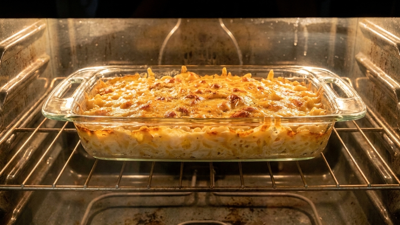 A glass casserole dish of macaroni and cheese baking on the middle rack of a home oven with a golden top forming