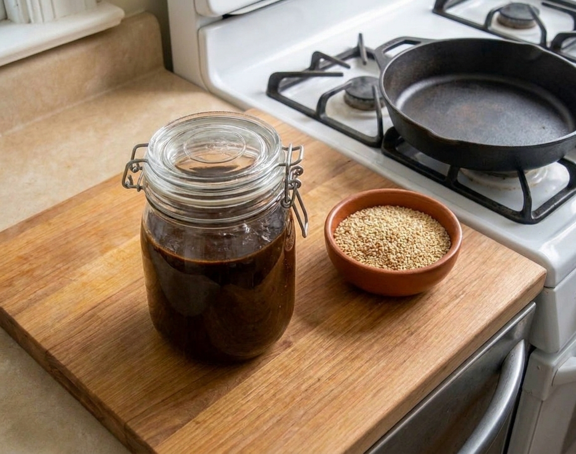 A glass container filled with dark mole poblano sauce with a tight lid, sitting on a kitchen counter next to a small bowl of sesame seeds
