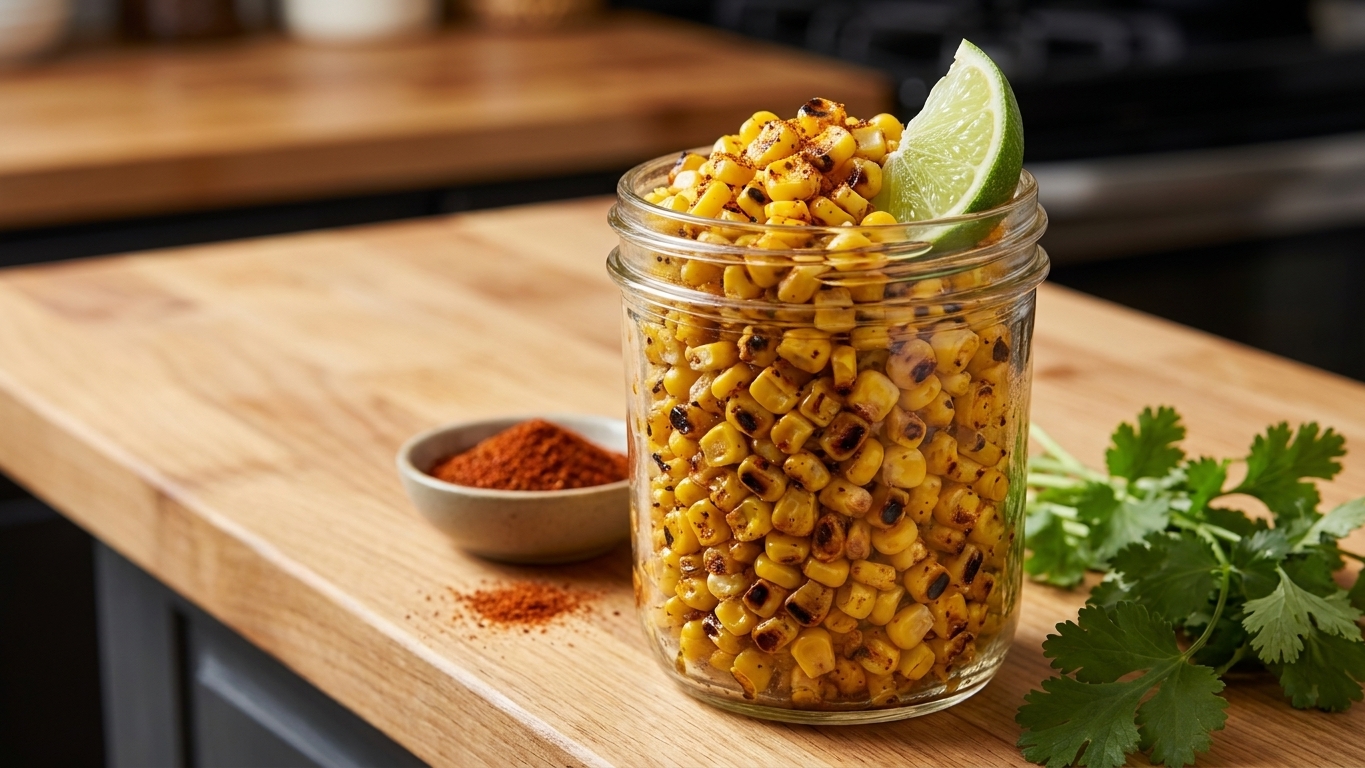 A glass container filled with grilled corn kernels with a lime wedge, sitting on a kitchen counter