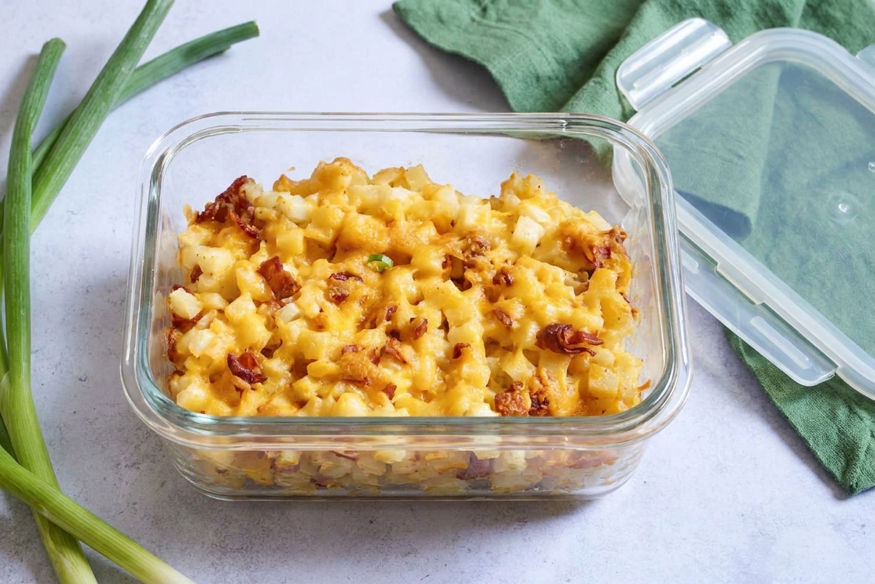 A glass container filled with leftover Mississippi mud potatoes showing creamy potatoes and melted cheese, sitting on a kitchen counter with a lid nearby