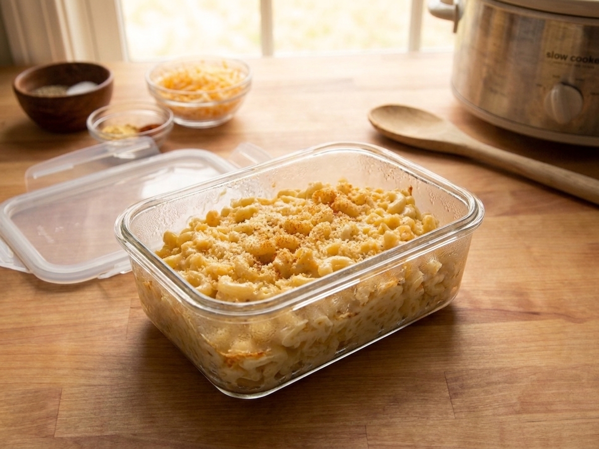 A glass container filled with leftover mac and cheese with the lid beside it