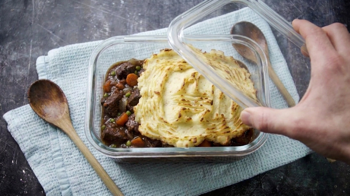 A glass container filled with leftover venison casserole, ready to be covered and stored