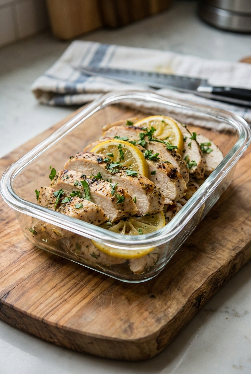 A glass container filled with lemon herb chicken slices on a cutting board