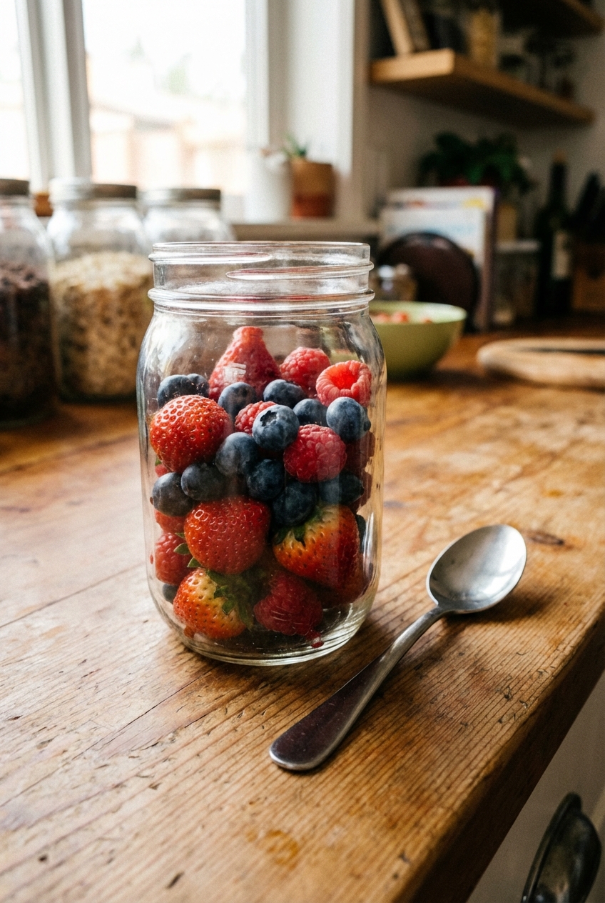 A glass container filled with mixed berries and a spoon beside it