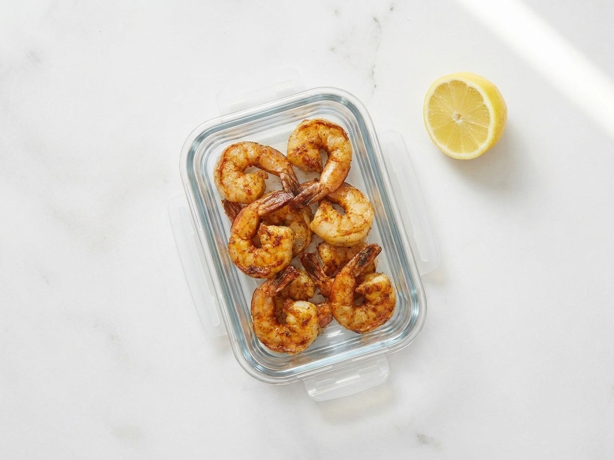 A glass container holding leftover blackened shrimp with a lemon wedge beside it on a kitchen surface