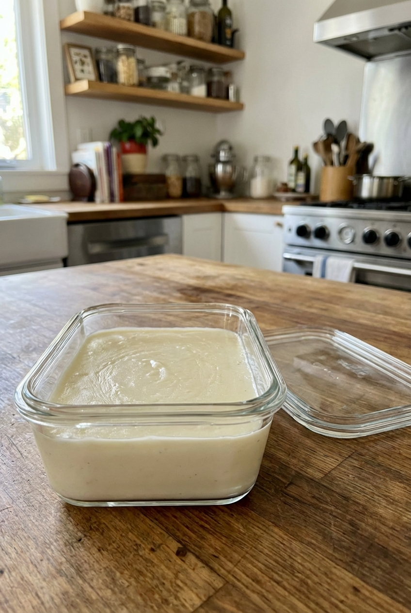 A glass container of cooled bechamel sauce with a lid set next to it on a countertop