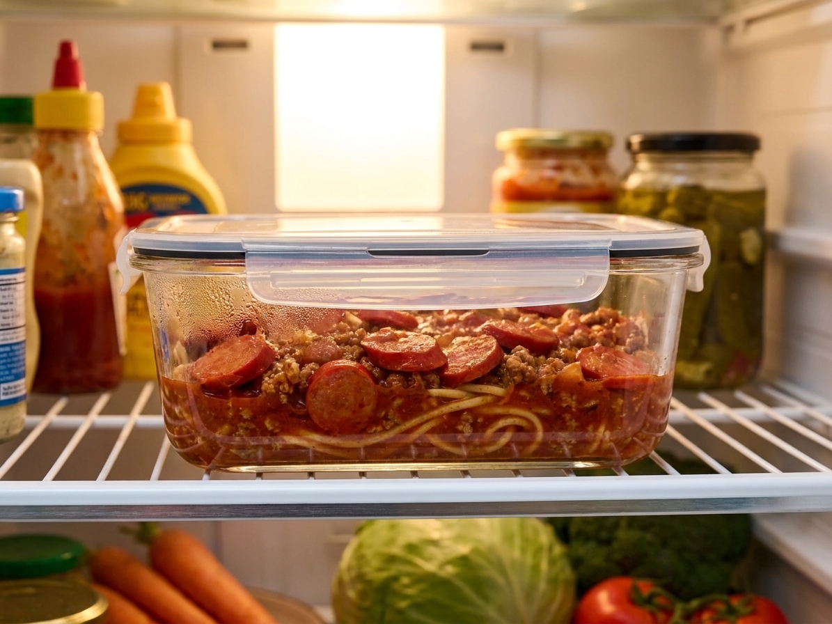 A glass container of leftover Filipino spaghetti sauce with visible hot dog slices and meat sauce, resting on a refrigerator shelf