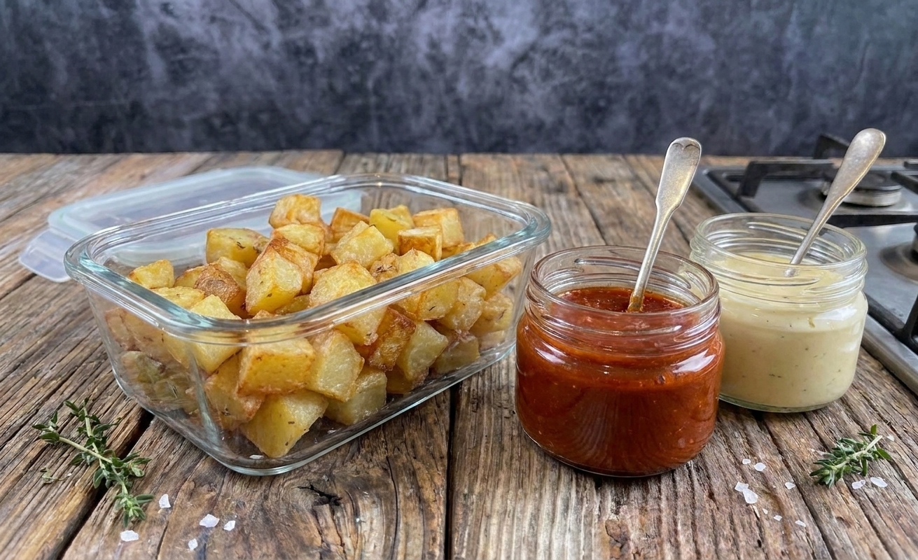 A glass container of leftover roasted potato cubes next to small jars of red bravas sauce and pale garlic aioli on a kitchen counter